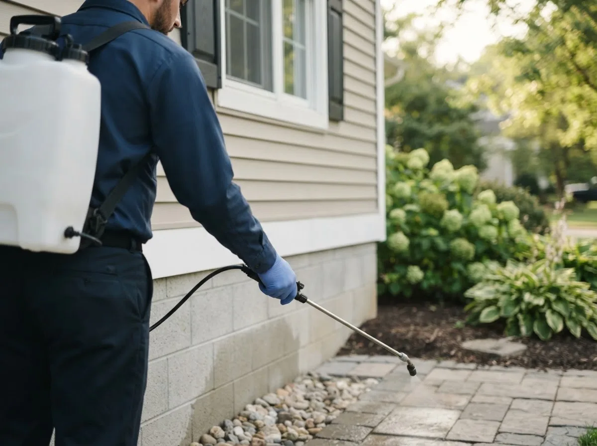 Pest control technician inspecting a home in Mcgraws, WV